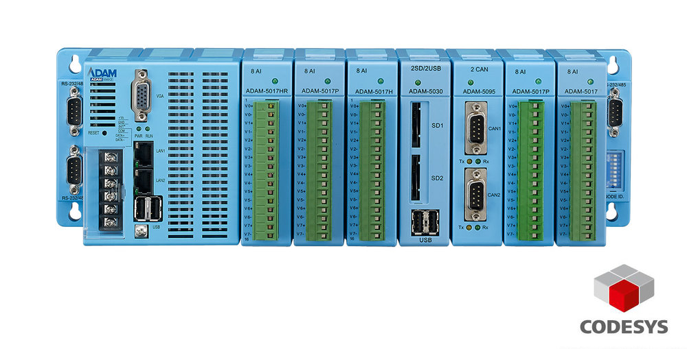 Sada CODESYS Experience s Advantech ADAM-5560CDS IPC jako řídicí jednotkou I/O, moduly distribuovaných I/O a HMI